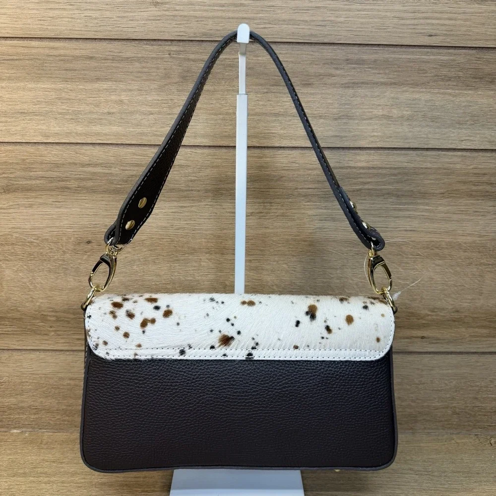 Divine Firenze Italy Calf Hair Cowhide Leather Baguette Flap Shoulder Bag Purse